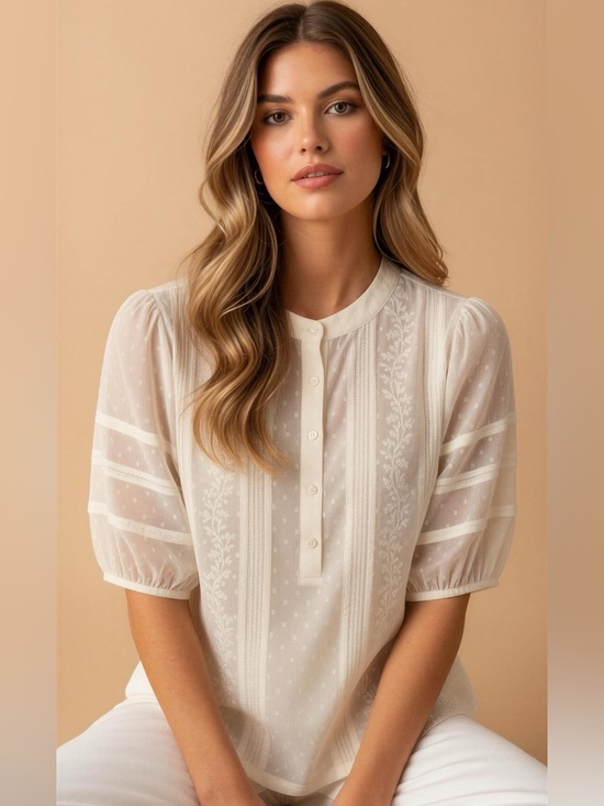 LOFT Tops - LOFT Cream Relaxed Boho Swiss-Dot Blouse with Mandarin Collar NWT